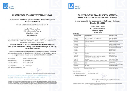 EU Ccertificate of quality system approval (approval of castings parts as Per PED 2014-68 EU)